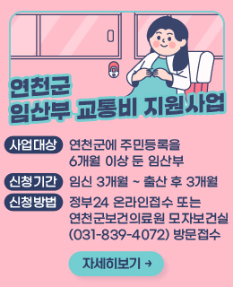 연천군 임산부 교통비 지원사업
/사업대상: 연천군에 주민등록을 6개월 이상 둔 임산부
/신청기간: 임신 3개월 ~ 출산 후 3개월
/신청방법: 정부24 온라인접수 또는 연천군보건의료원 모자보건실(031-839-4072) 방문접수
/자세히보기