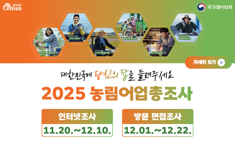 2025 농림어업총조사
당신의 답이 농산어촌에 좋은 답이 됩니다.
대한민국에 당신의 답을 들려주세요
○인터넷 조사: 11.20. ~ 12.10.
○방문 면접조사: 12.1. ~ 12.22.    
/자세히보기
