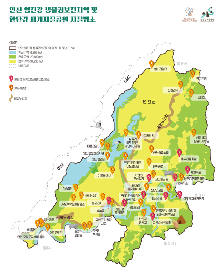 white-Boundaries of yeoncheon lmjin river biosphere reserve, red-core area, yellow-transition zone, green-buffer zone, dot-south of the dmz 